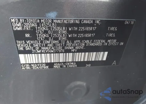 2016 Toyota Rav4 Xle z USA, uszkodzony, nr VIN 2T3WFREV5GW277976